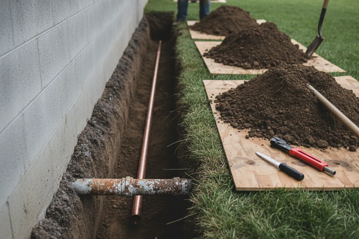 Excavated water line trench during Water Softener Installation in Rosenhayn